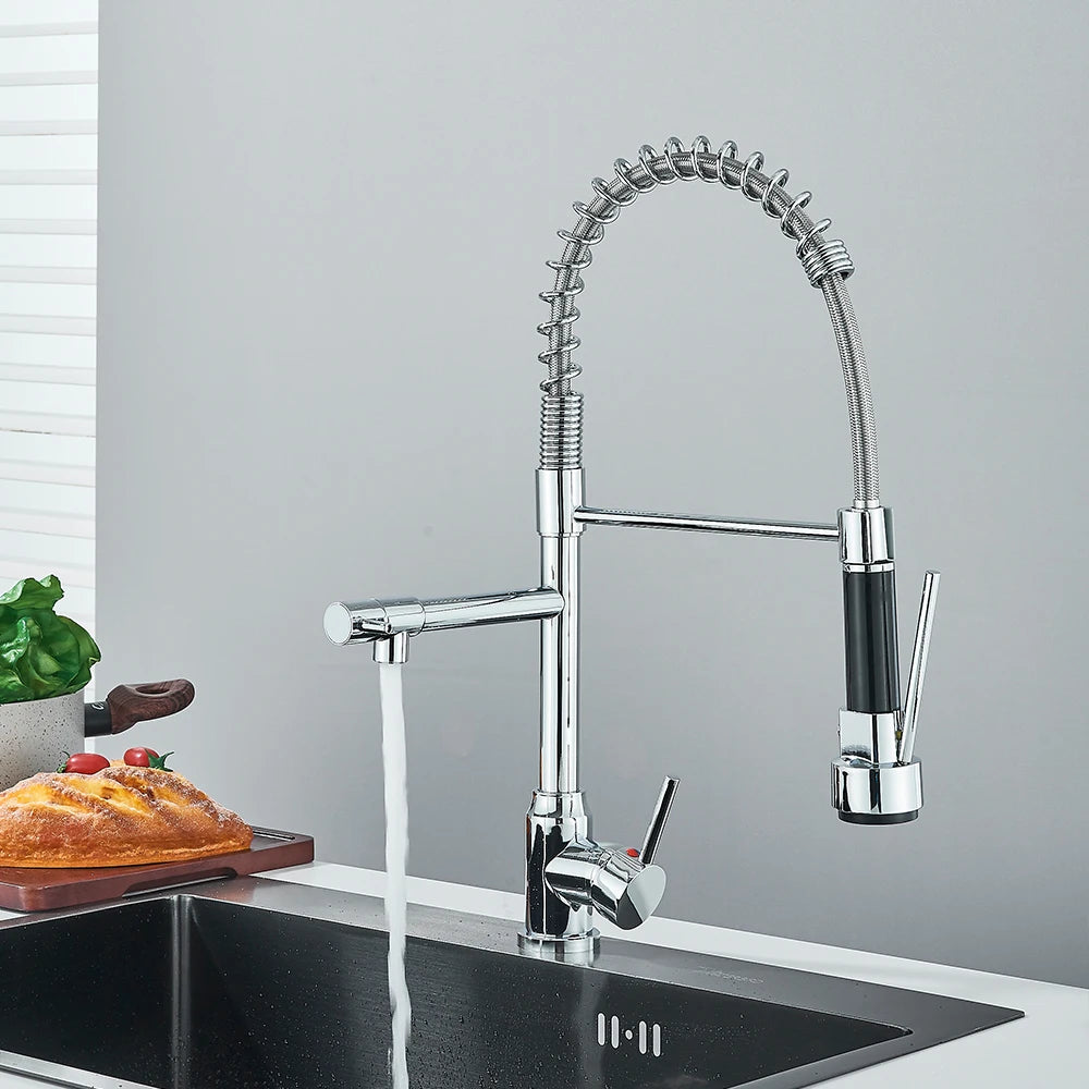 Chrome Brass Kitchen Sink Faucet Pull Down Hot and Cold Water Mixer 2 Mode Tap with Dual Spout 360 Rotation Flexible Deck Mount