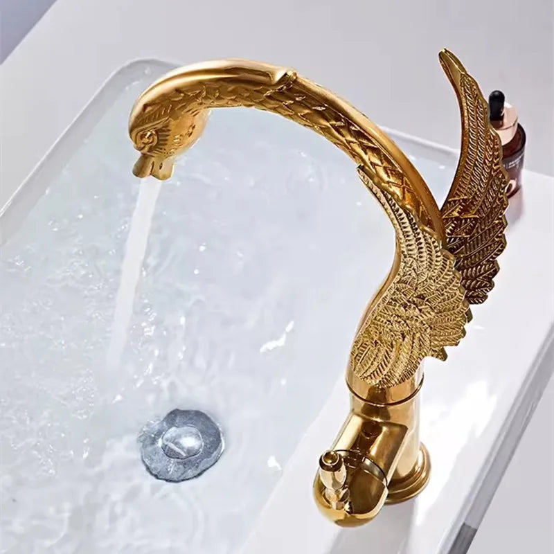Tuqiu Antique Swan Bathroom Faucet Gold Brass Basin Faucet Mixer Tap Chrome Wash basin Faucet  Hot and Cold Waterfall Faucet