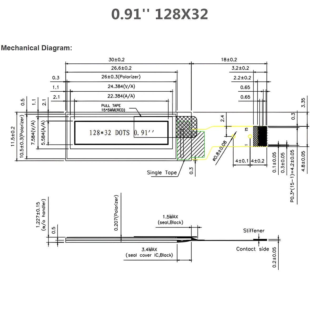 0.91" inch 12832 128*32 12Pin 12P 15Pin 15P SSD1306 Serial SPI PMOLED OLED Display Module Panel