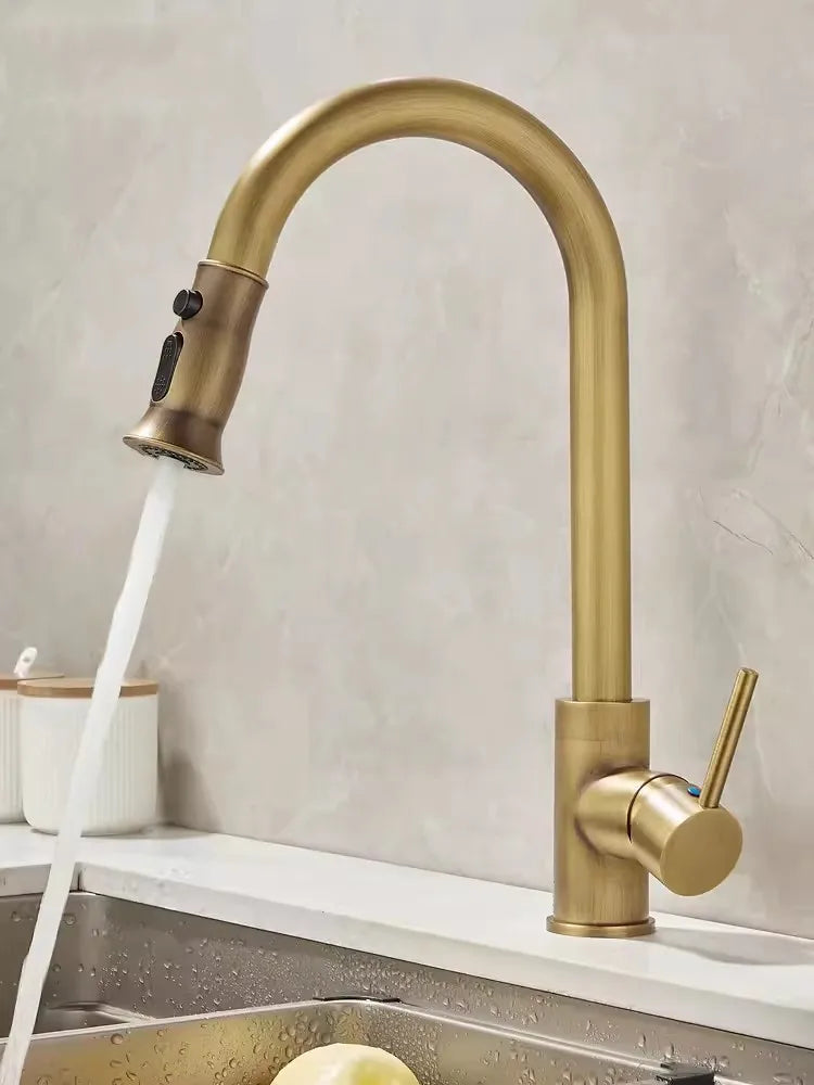 Tuqiu Kitchen Faucets Antique Sink Faucets Brass Sink Tap Pull Out Rotate Spout Mixers Tap Hot Cold Water Crane