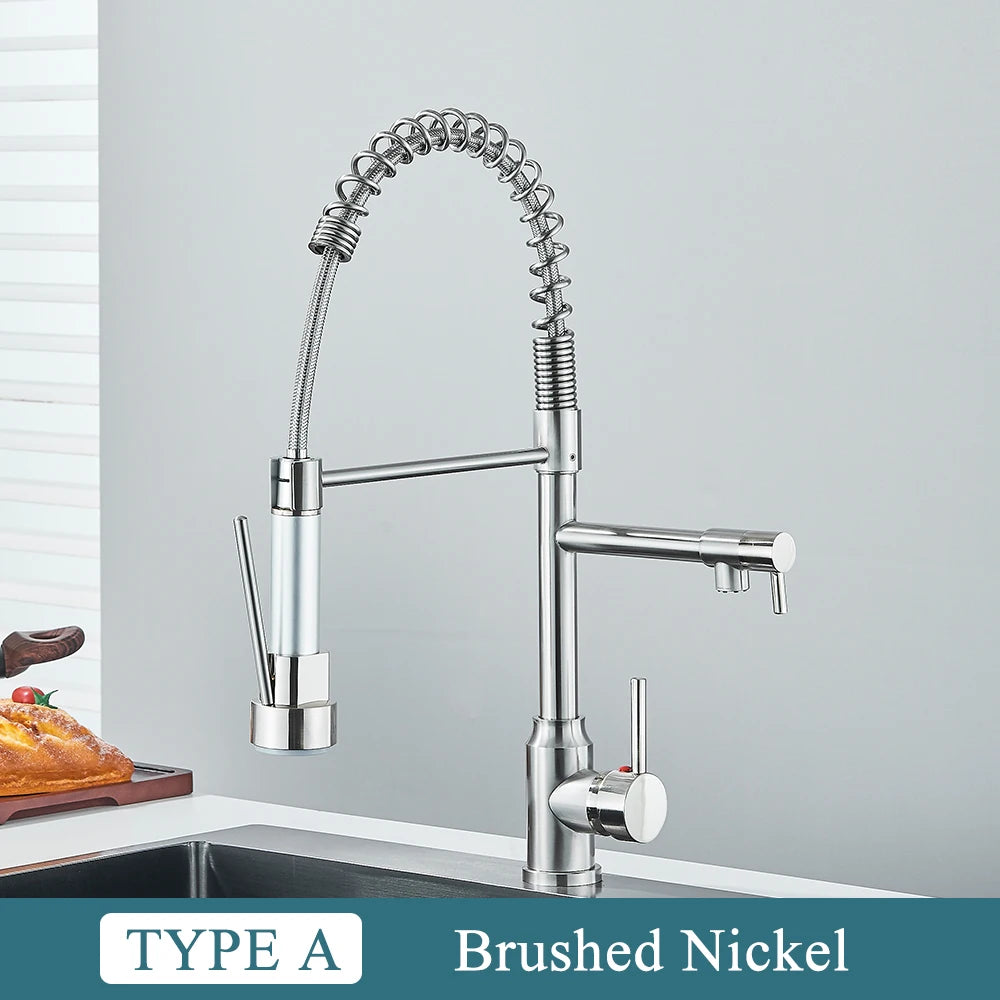 Chrome Brass Kitchen Sink Faucet Pull Down Hot and Cold Water Mixer 2 Mode Tap with Dual Spout 360 Rotation Flexible Deck Mount