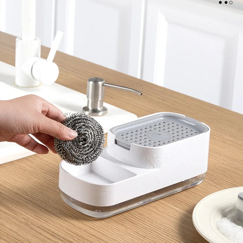 2 In 1 Kitchen Soap Dispenser Liquid Soap Pump Container with Sponge Holder Sink Drain Tray Manual Soap Dispenser