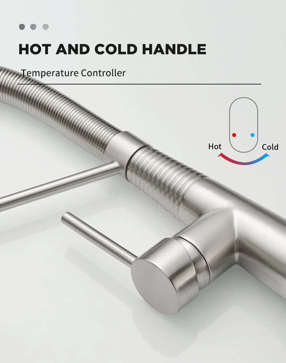 Kitchen Faucets Brush Brass Faucets for Kitchen Sink  Single Lever Pull Down Spring Spout Mixers Tap Hot Cold Water Crane 9009