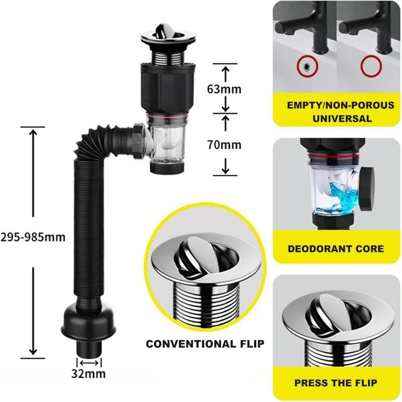Flip-Top Kitchen Sink Drain Pipes,Retractable Deodorizing Drainer,Flexible Downspout,Drain Hose,Extension Pipe,Sink Sewer Tube
