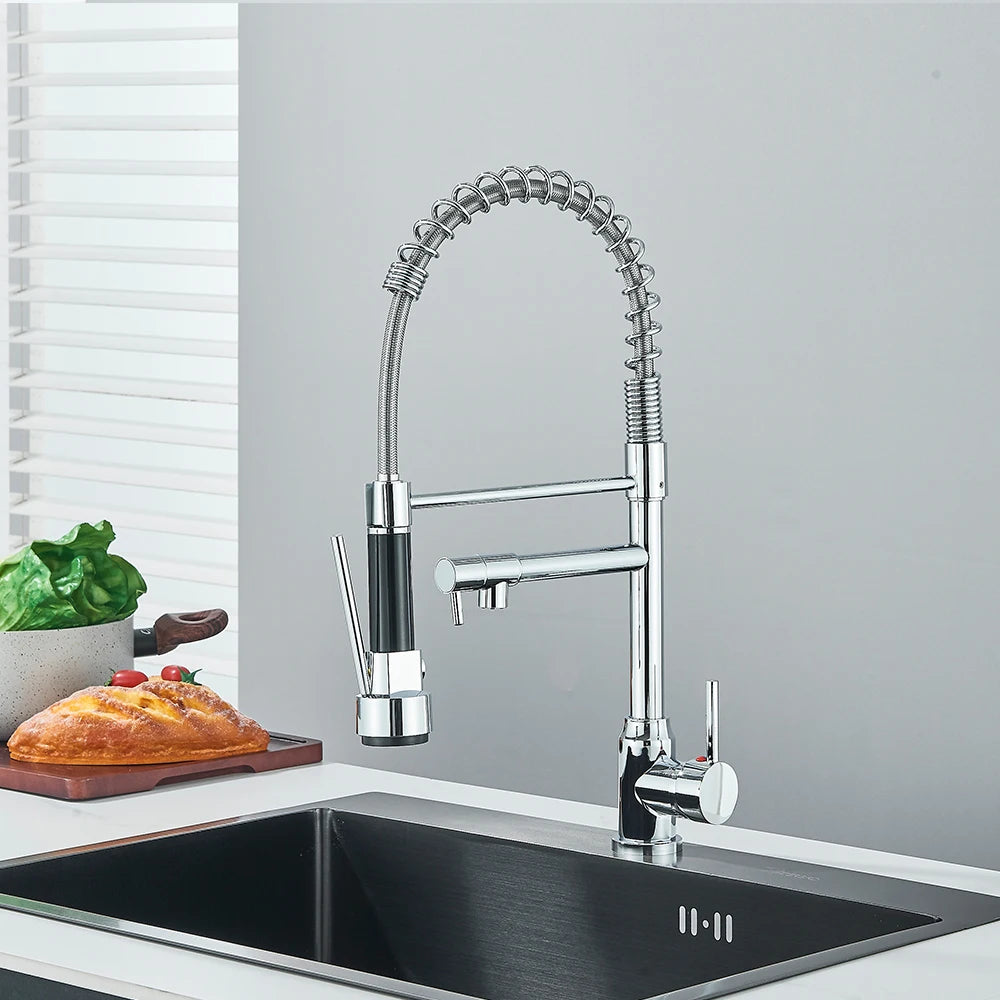 Chrome Brass Kitchen Sink Faucet Pull Down Hot and Cold Water Mixer 2 Mode Tap with Dual Spout 360 Rotation Flexible Deck Mount