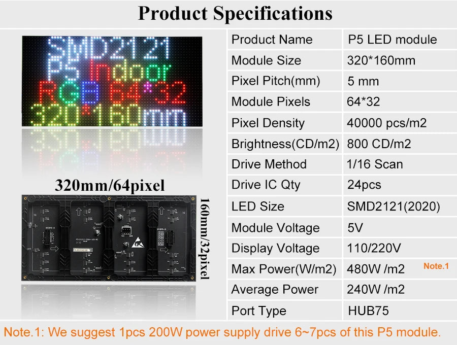 P5 LED screen panel module Indoor 320*160mm 64*32pixels 1/16 Scan SMD2121(SMD2020) Full color P5 LED display panel module
