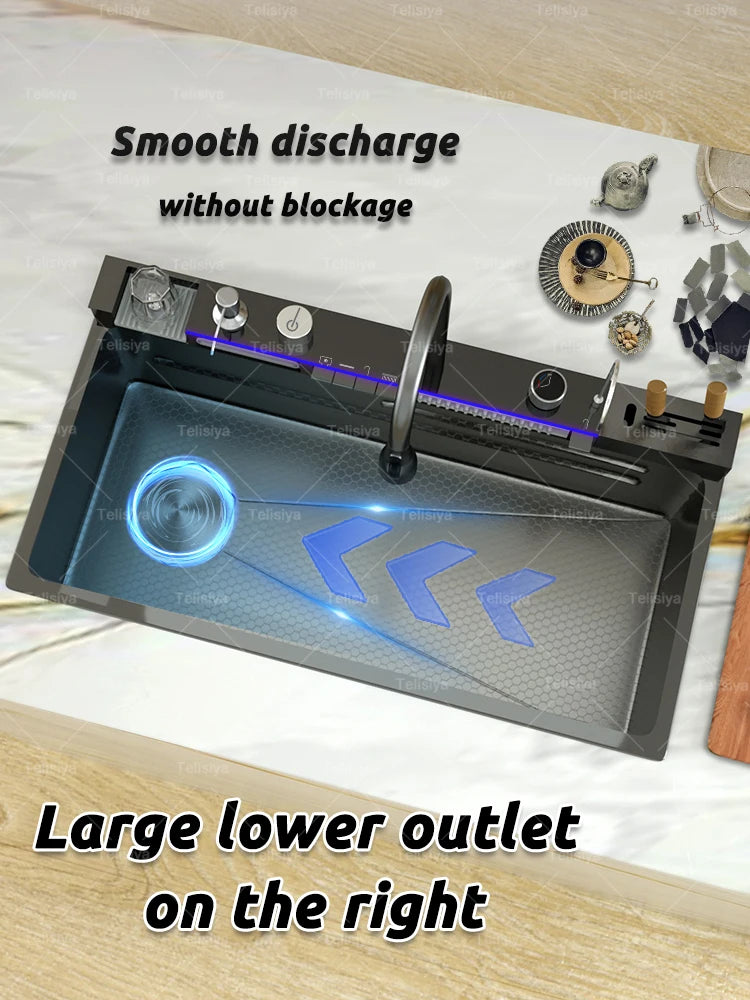 Stainless Steel Waterfall Kitchen Sink Embossed Single Bowl Digital Display Extra Large Multifunctional Washing Sinks 100x50cm