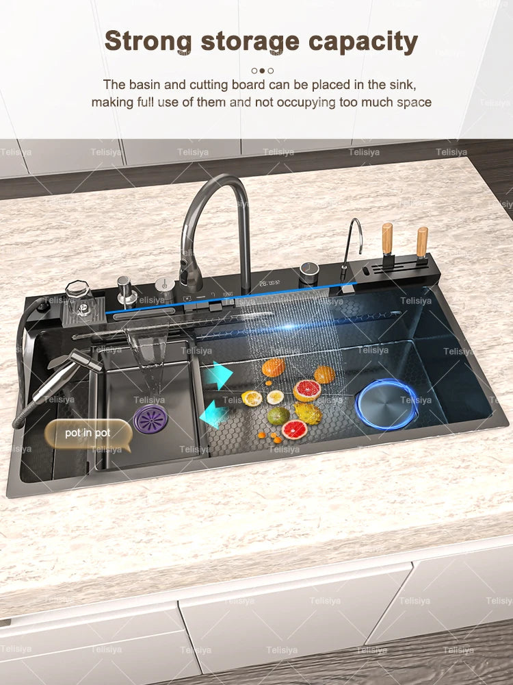 Stainless Steel Waterfall Kitchen Sink Embossed Single Bowl Digital Display Extra Large Multifunctional Washing Sinks 100x50cm