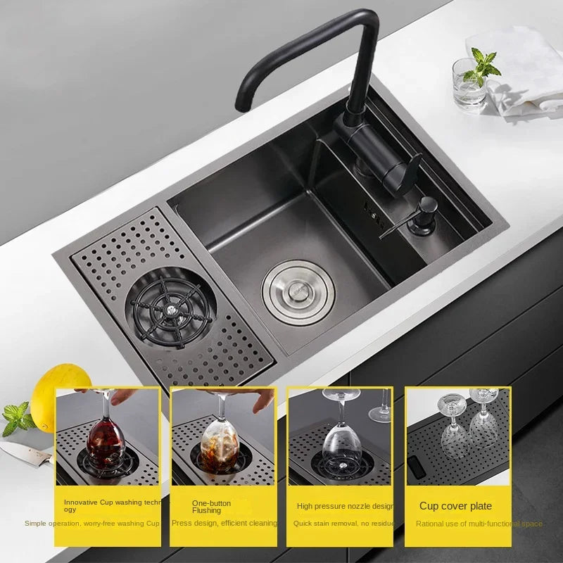 304 Stainless Steel Kitchen Sink Concealed Folding Faucet With Cup Washer Coffee Shop Milk Tea Bar 55cmx32cm Sink