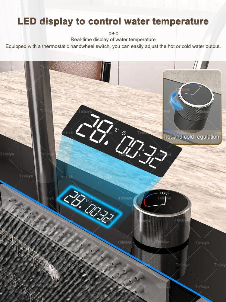Stainless Steel Waterfall Kitchen Sink Embossed Single Bowl Digital Display Extra Large Multifunctional Washing Sinks 100x50cm