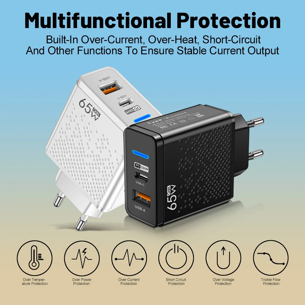 Total 65W USB Charger PD Type C Fast Charging Mobile Phone Charge Adapter For iPhone Xiaomi Huawei Samsung PD Quick Charge QC3.0