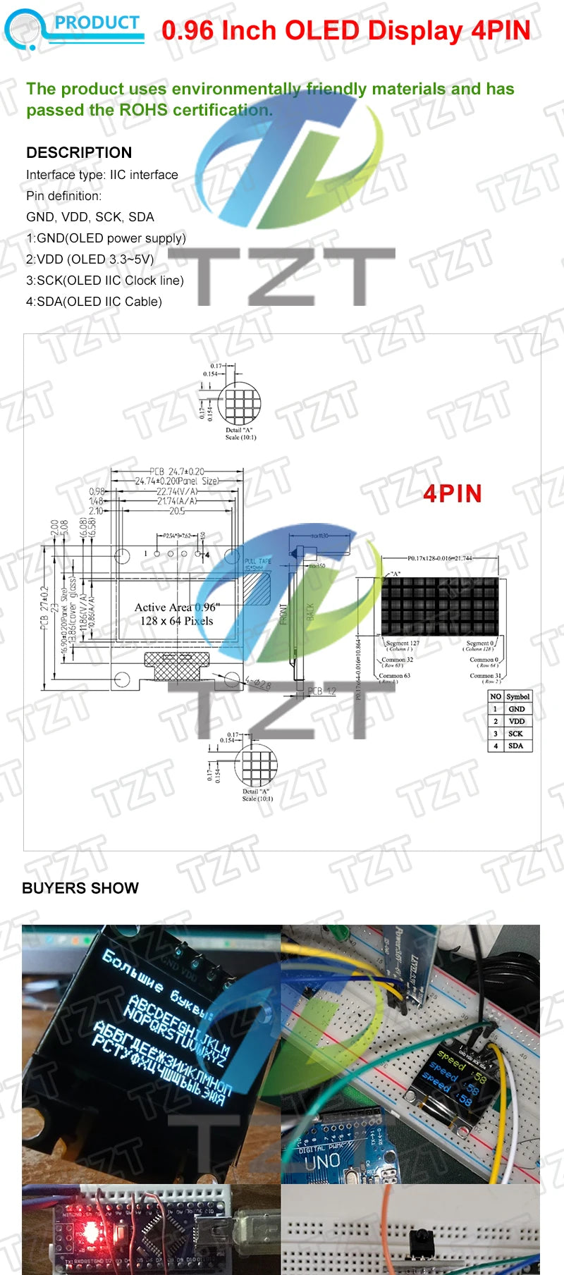 TZT ROHS Certification 0.96 inch oled IIC Serial White OLED Display Module 128X64 I2C SSD1306 12864 LCD Screen Board For Arduino