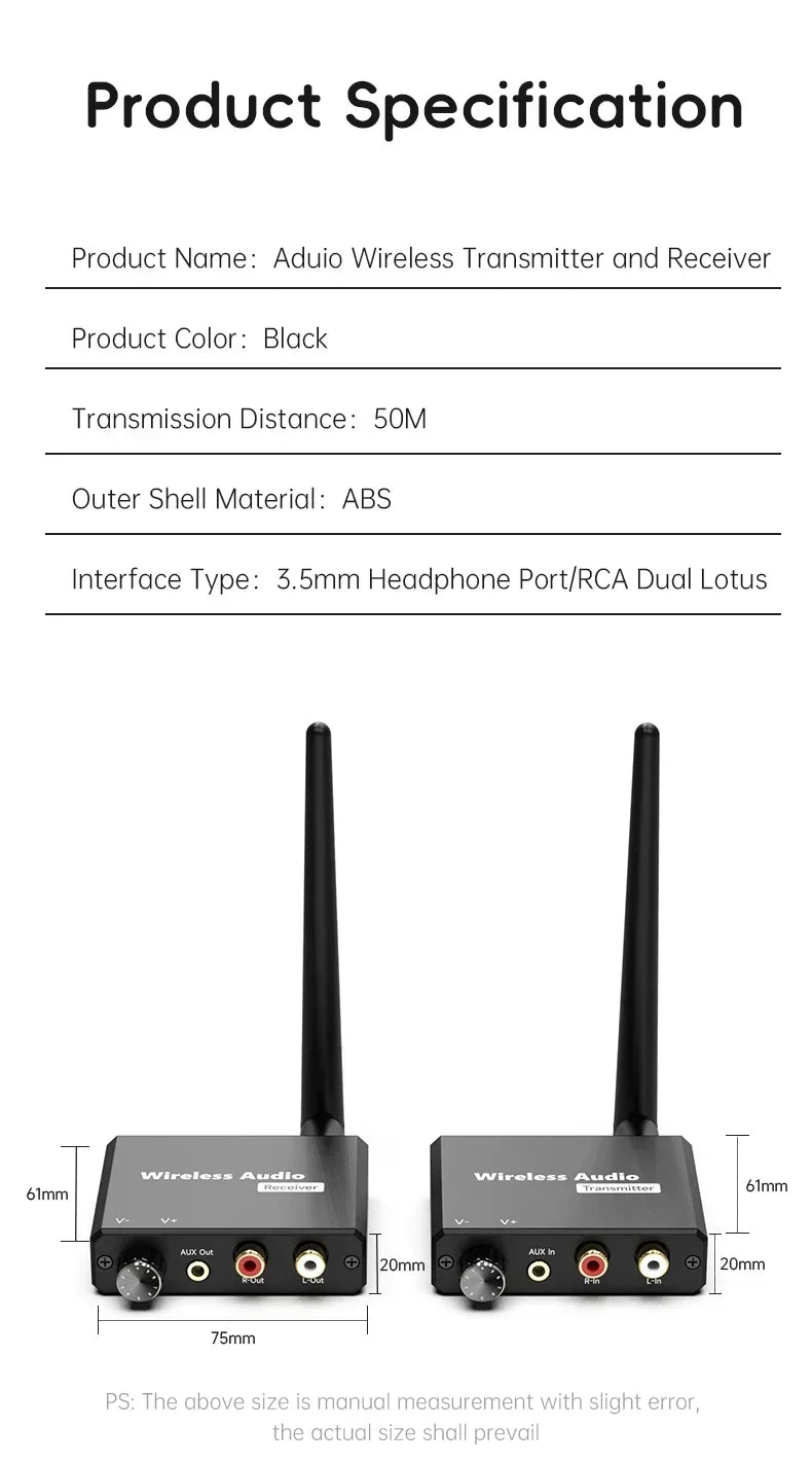 50M 2.4G Wireless Transmitter Receiver Digital to Audio Analog Converter with 3.5MM RCA Jack For Amplifier Speaker TV Box DVD PC