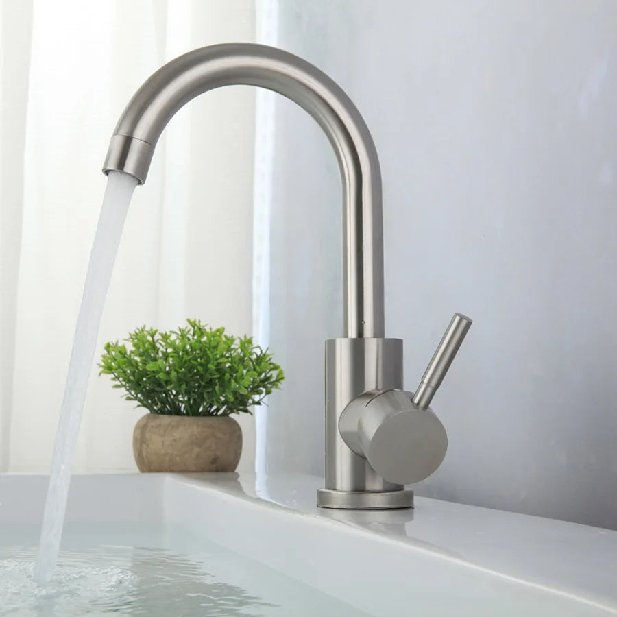 304 Stainless Steel Hot and Cold Basin Faucet Bathroom Sink Wash Basin Rotatable Brushed Faucet