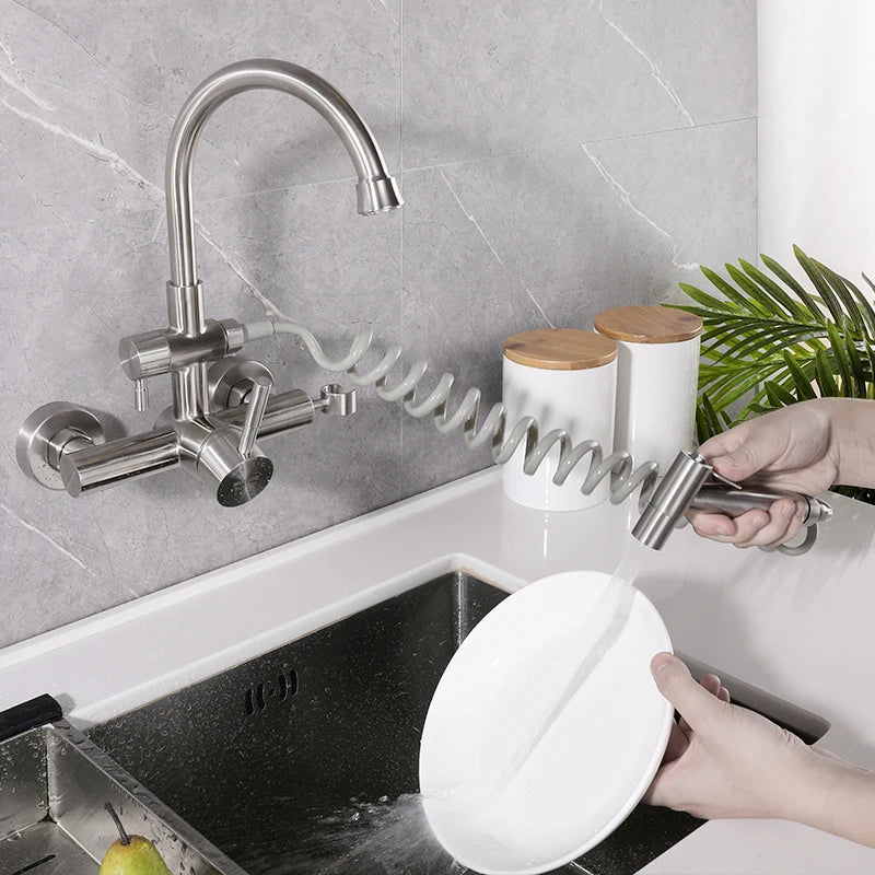Onyzpily Brushed Nickel 304 stainless steel Kitchen Sink Faucet Mixer Tap Stream Sprayer Head Wall Installation
