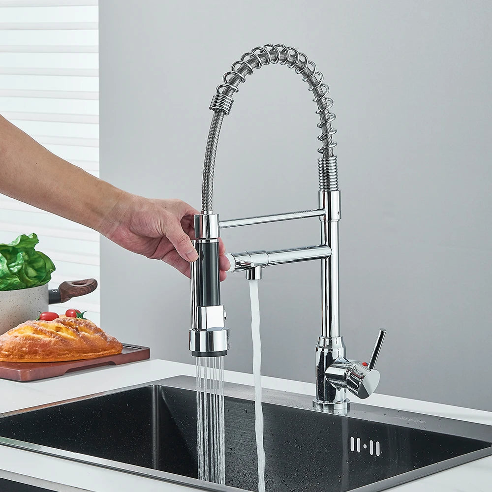 Chrome Brass Kitchen Sink Faucet Pull Down Hot and Cold Water Mixer 2 Mode Tap with Dual Spout 360 Rotation Flexible Deck Mount