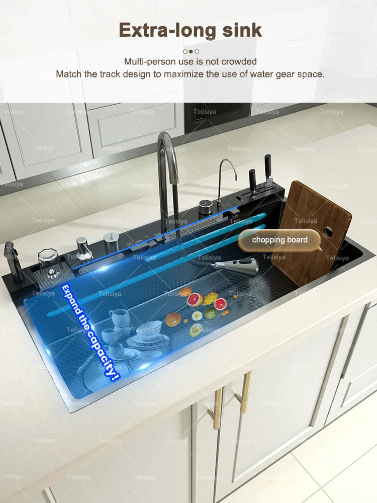 Stainless Steel Waterfall Kitchen Sink Embossed Single Bowl Digital Display Extra Large Multifunctional Washing Sinks 100x50cm