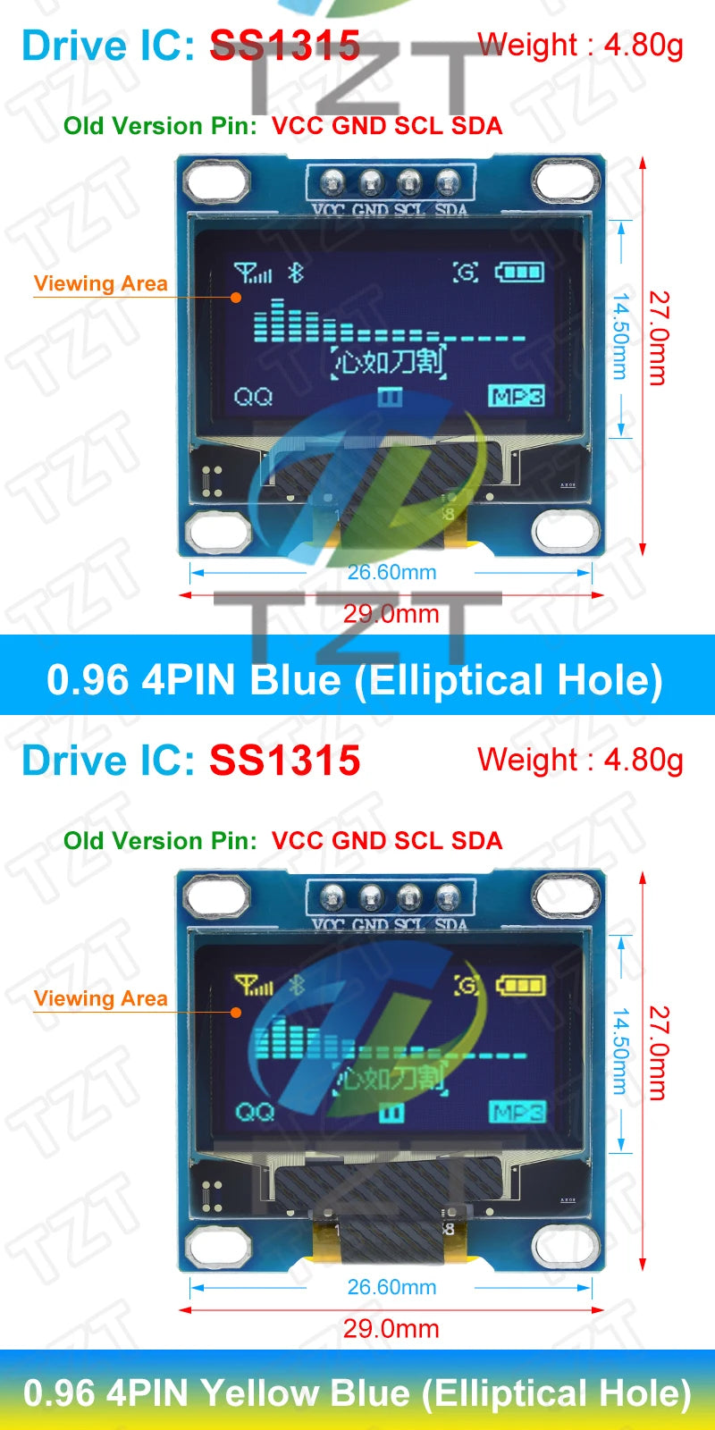 TZT ROHS Certification 0.96 inch oled IIC Serial White OLED Display Module 128X64 I2C SSD1306 12864 LCD Screen Board For Arduino