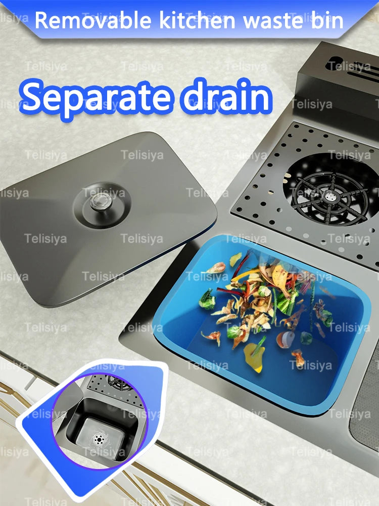 Stainless Steel Waterfall Kitchen Sink Embossed Single Bowl Digital Display Extra Large Multifunctional Washing Sinks 100x50cm