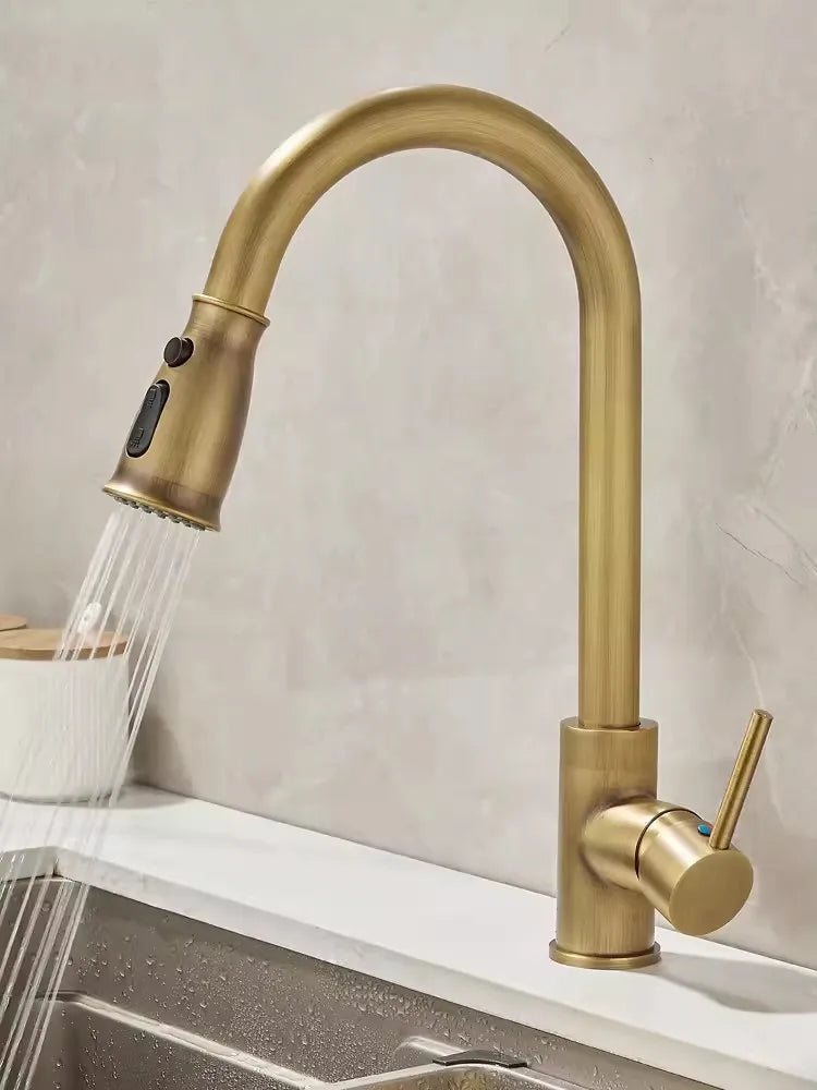 Tuqiu Kitchen Faucets Antique Sink Faucets Brass Sink Tap Pull Out Rotate Spout Mixers Tap Hot Cold Water Crane
