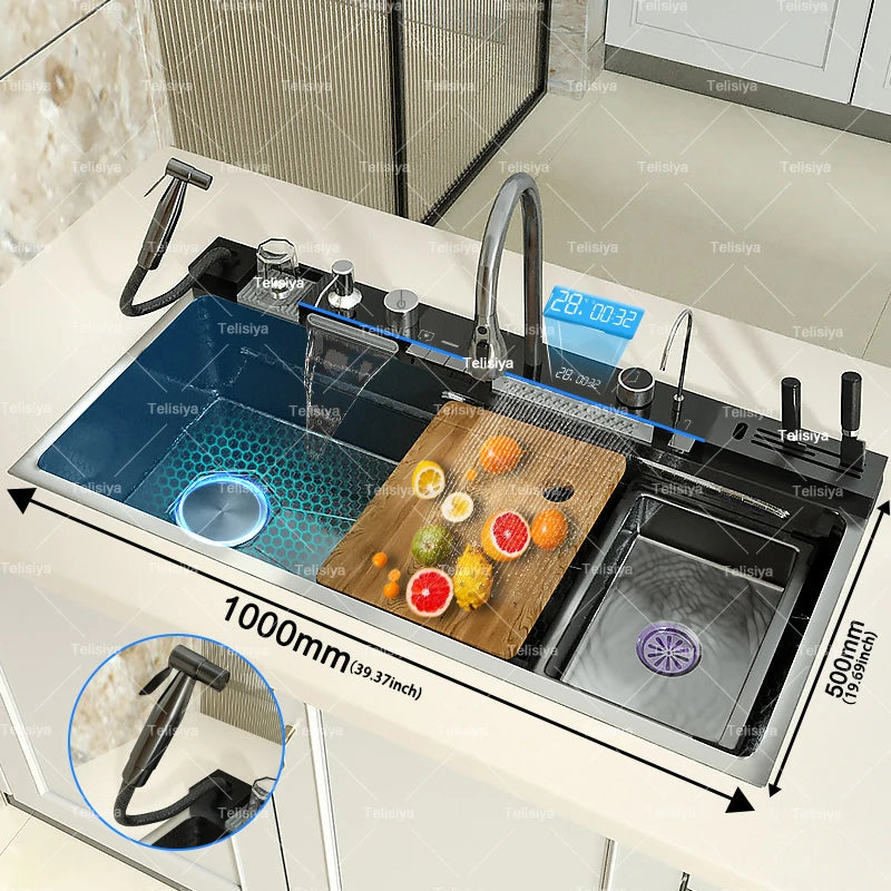 Stainless Steel Waterfall Kitchen Sink Embossed Single Bowl Digital Display Extra Large Multifunctional Washing Sinks 100x50cm