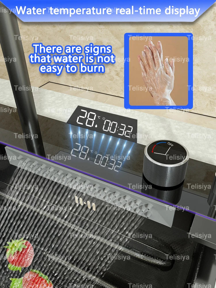 Stainless Steel Waterfall Kitchen Sink Embossed Single Bowl Digital Display Extra Large Multifunctional Washing Sinks 100x50cm