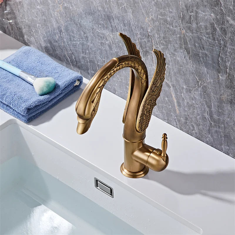 Tuqiu Antique Swan Bathroom Faucet Gold Brass Basin Faucet Mixer Tap Chrome Wash basin Faucet  Hot and Cold Waterfall Faucet