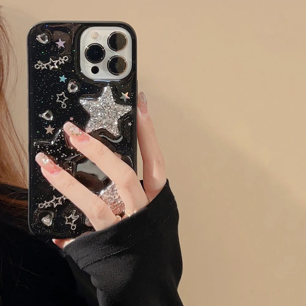 Black 3D Sparkling Pink Star Phone Case For Iphone 15 14 13 12 11 Pro Max X XR XSMAX 7 8 Plus SE TPU Case Cover New Products