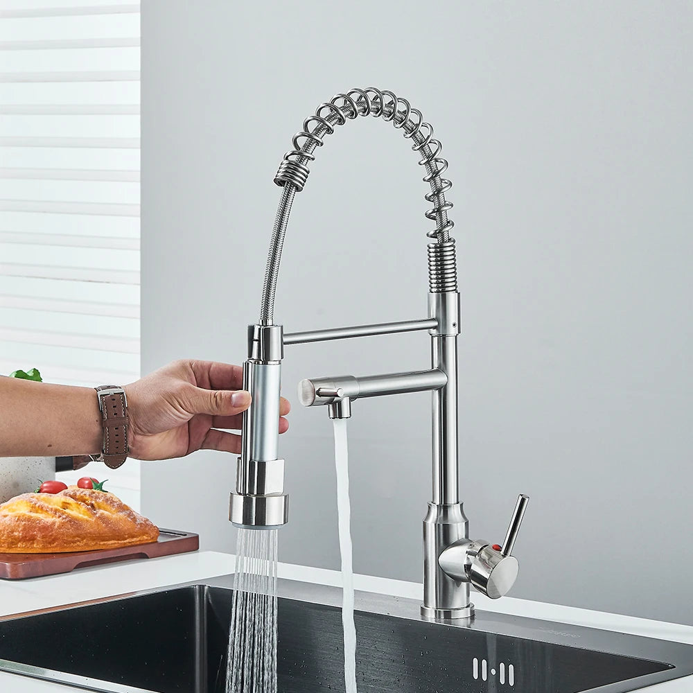 Chrome Brass Kitchen Sink Faucet Pull Down Hot and Cold Water Mixer 2 Mode Tap with Dual Spout 360 Rotation Flexible Deck Mount