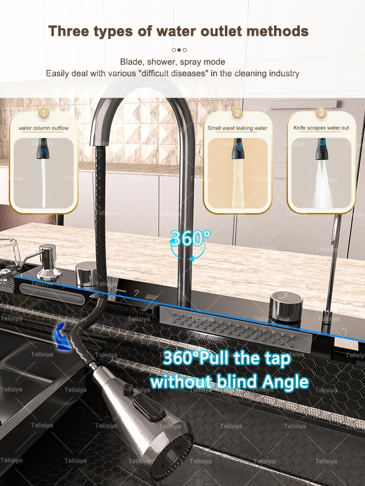 Stainless Steel Waterfall Kitchen Sink Embossed Single Bowl Digital Display Extra Large Multifunctional Washing Sinks 100x50cm