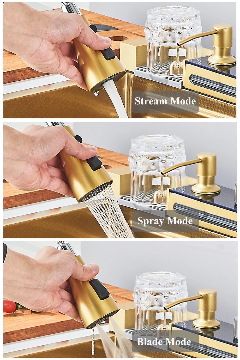 Gold Multifunctional Kitchen Waterfall Sink Digital Display Large Single Sink Dish Basin Sink 304 Stainless Steel