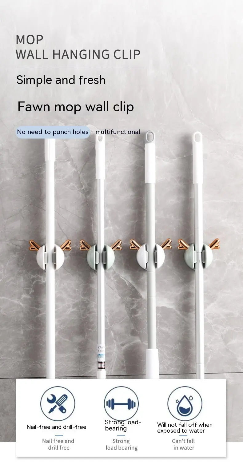Mop Clip Wall-mounted Hole-free With Hooks Light Luxury Deer Household Multifunctional Mop Organiser