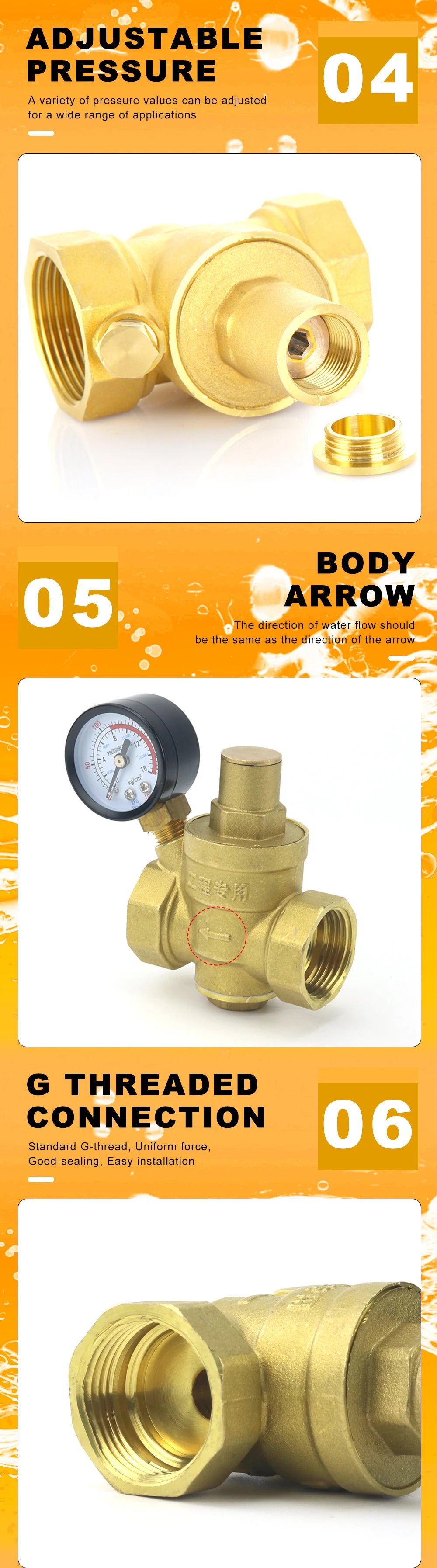 1/2" 3/4" 16bar Brass Water Pressure Regulator Reducer DN15 DN20 With Gauge Meter for Hydraulic Instability/Purifier
