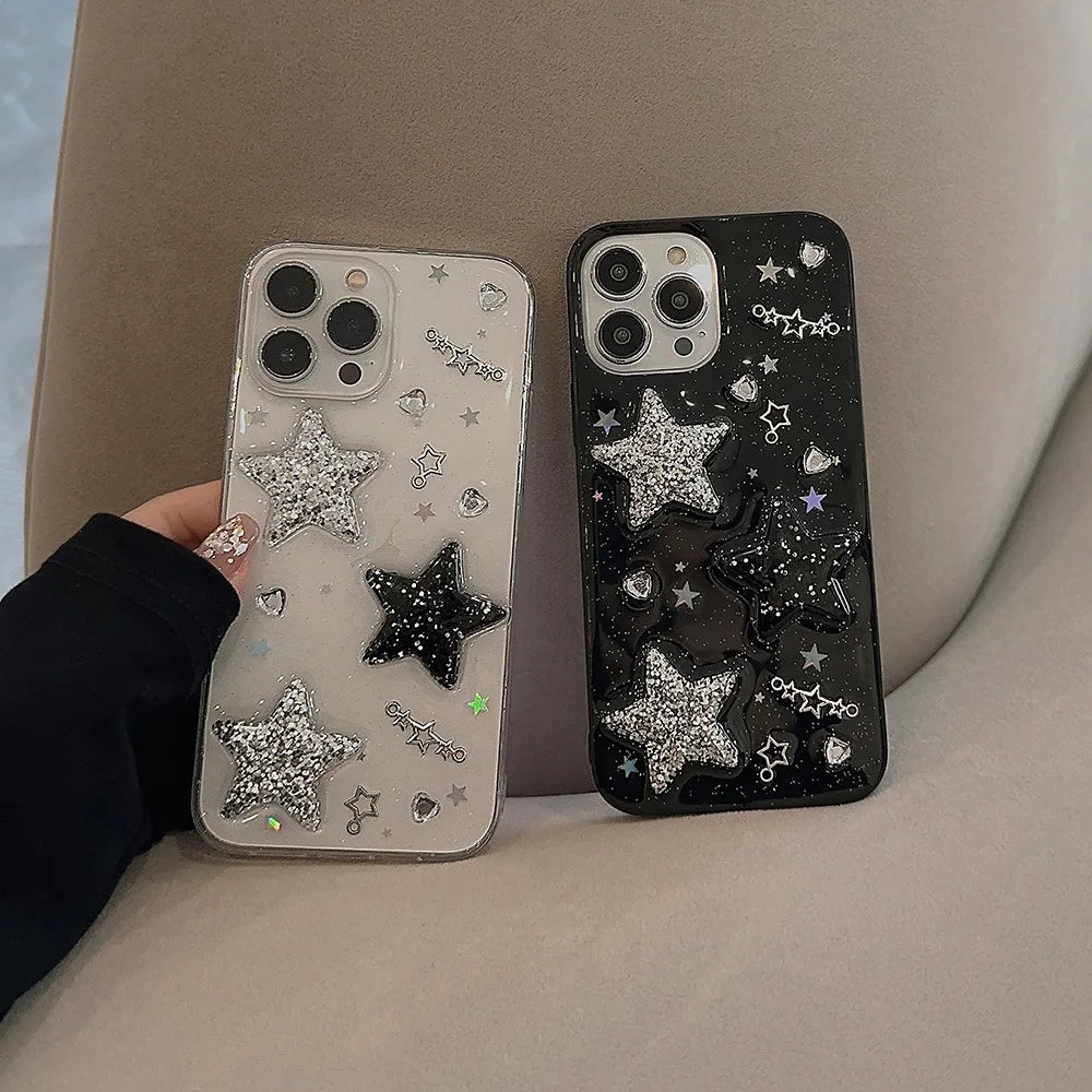 Black 3D Sparkling Pink Star Phone Case For Iphone 15 14 13 12 11 Pro Max X XR XSMAX 7 8 Plus SE TPU Case Cover New Products