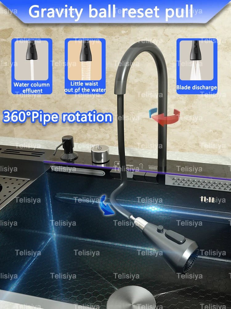Stainless Steel Waterfall Kitchen Sink Embossed Single Bowl Digital Display Extra Large Multifunctional Washing Sinks 100x50cm