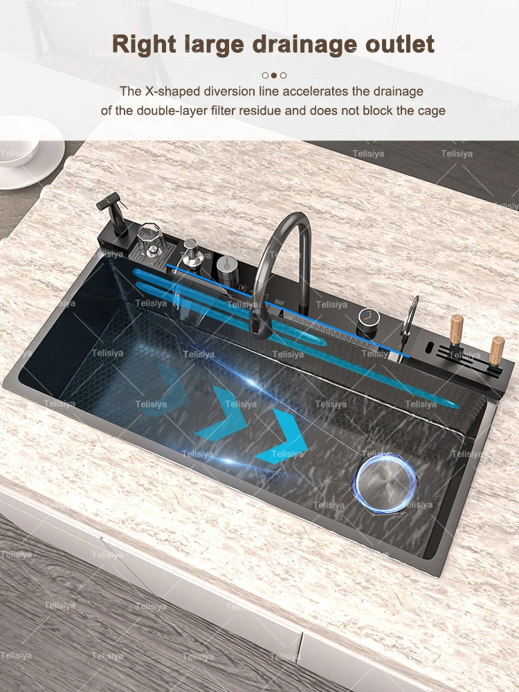Stainless Steel Waterfall Kitchen Sink Embossed Single Bowl Digital Display Extra Large Multifunctional Washing Sinks 100x50cm