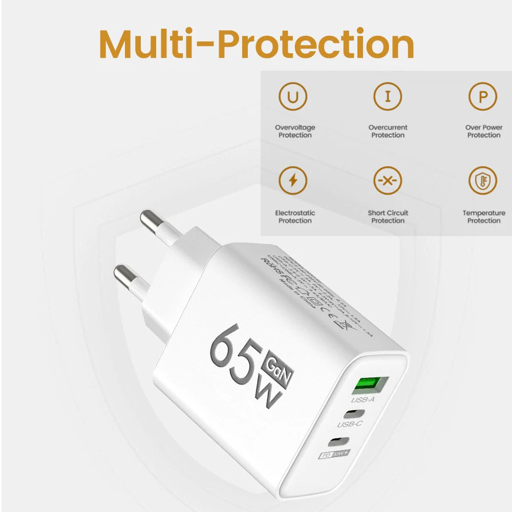 PD 65W USB C Charger GaN Fast Charging Quick Charge 3.0 Mobile Phone Charger Adapter For iPhone Xiaomi Samsung Oneplus OPPO
