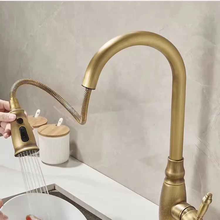Tuqiu Kitchen Faucets Antique Sink Faucets Brass Sink Tap Pull Out Rotate Spout Mixers Tap Hot Cold Water Crane
