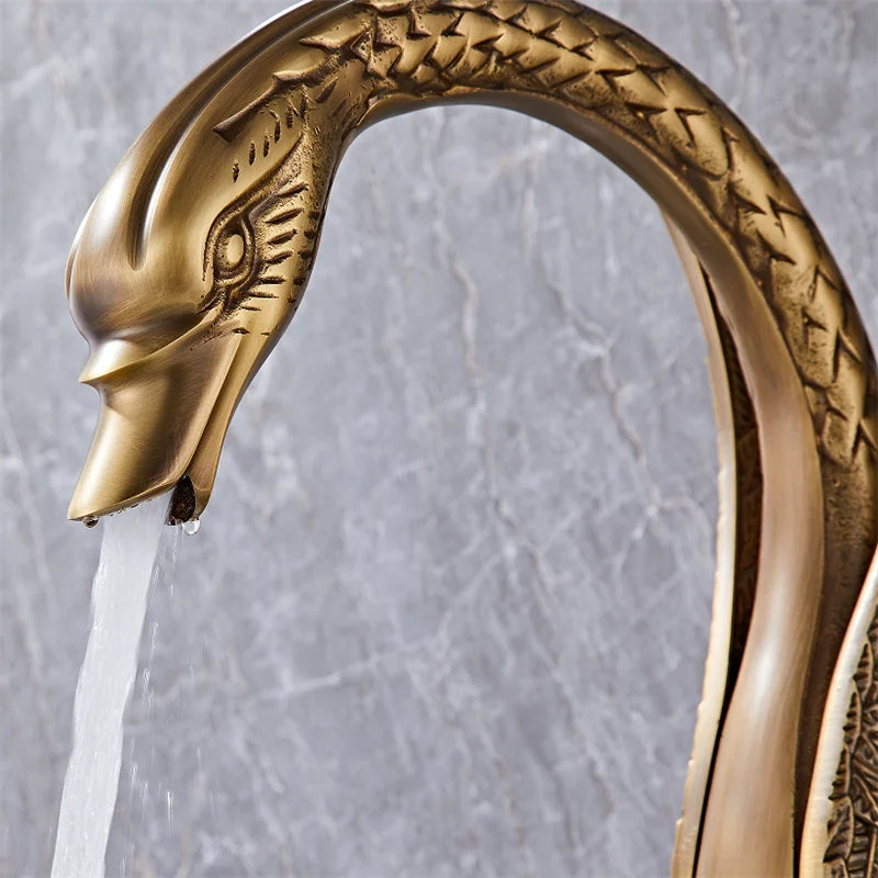 Tuqiu Antique Swan Bathroom Faucet Gold Brass Basin Faucet Mixer Tap Chrome Wash basin Faucet  Hot and Cold Waterfall Faucet