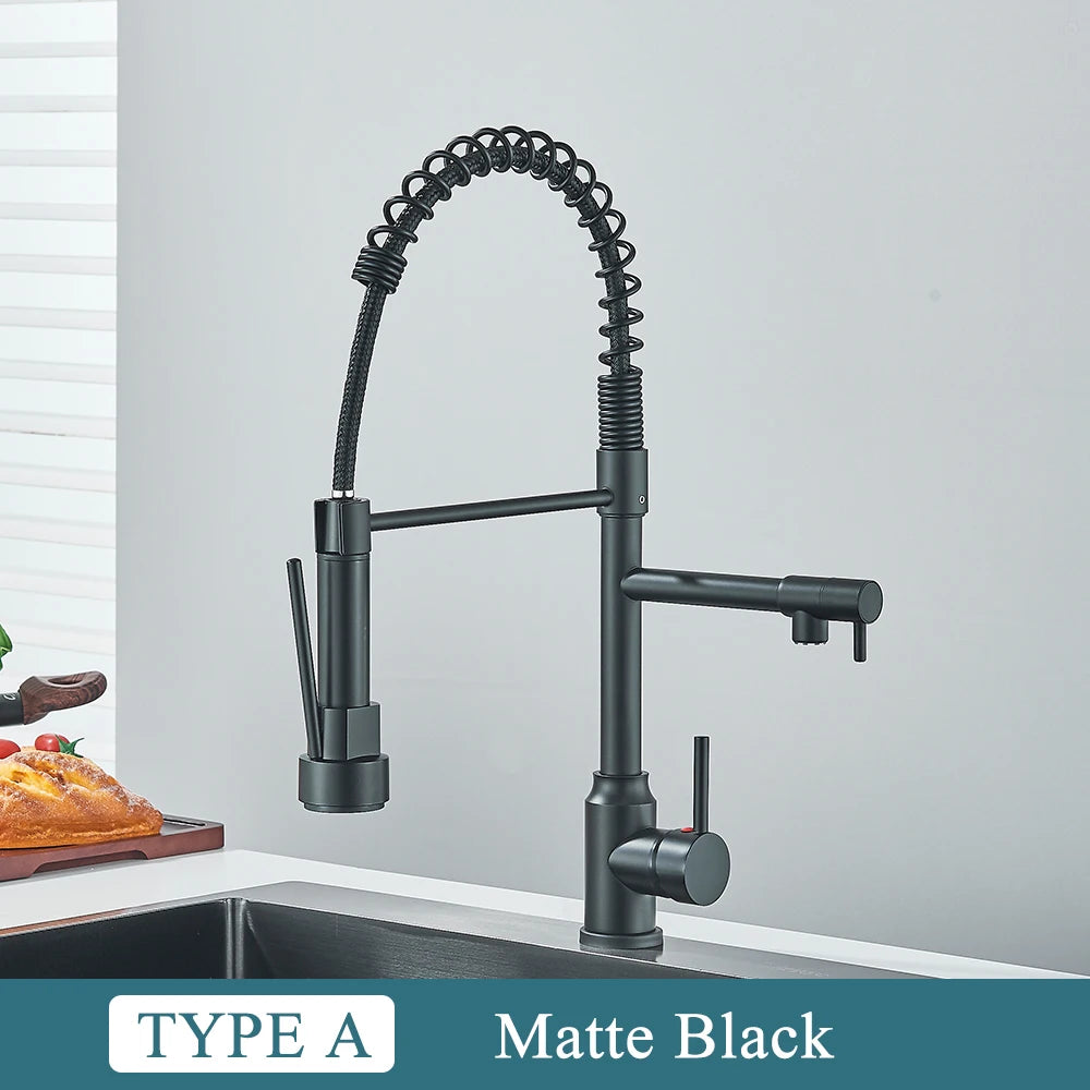 Chrome Brass Kitchen Sink Faucet Pull Down Hot and Cold Water Mixer 2 Mode Tap with Dual Spout 360 Rotation Flexible Deck Mount
