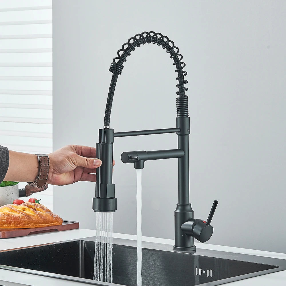Chrome Brass Kitchen Sink Faucet Pull Down Hot and Cold Water Mixer 2 Mode Tap with Dual Spout 360 Rotation Flexible Deck Mount
