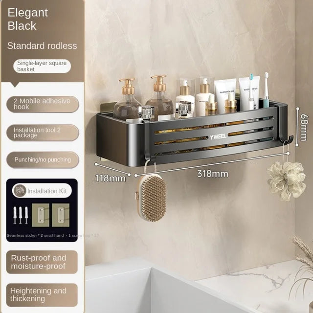 Aluminum Bathroom Shelves Wall Towel Rack Mounted Shower Caddy With No Drilling Design For Toiletries And Bathroom Accessories