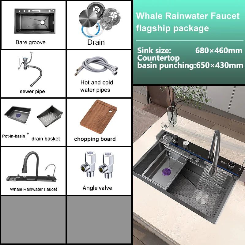 Stainless Steel Waterfall Kitchen Sink Embossed Single Bowl Digital Display Extra Large Multifunctional Washing Sinks 100x50cm