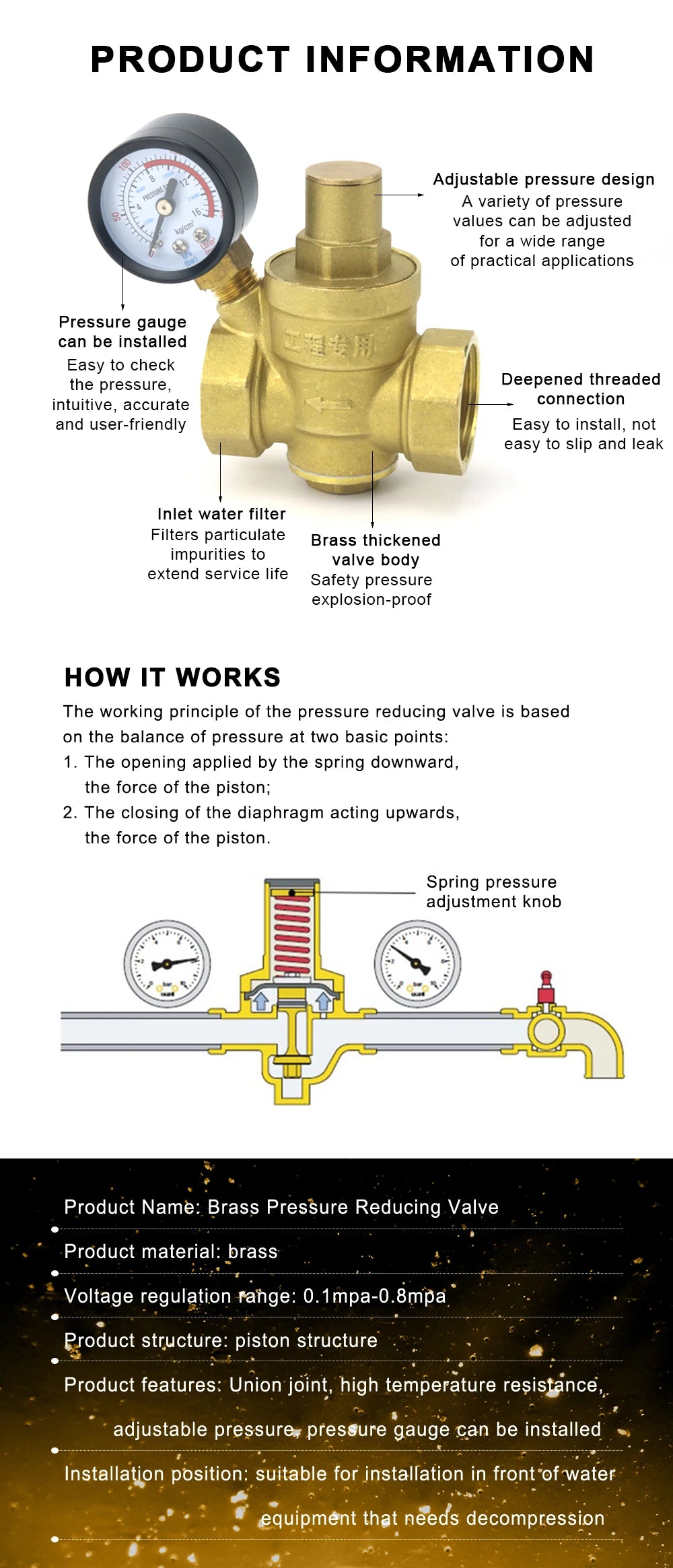 1/2" 3/4" 16bar Brass Water Pressure Regulator Reducer DN15 DN20 With Gauge Meter for Hydraulic Instability/Purifier