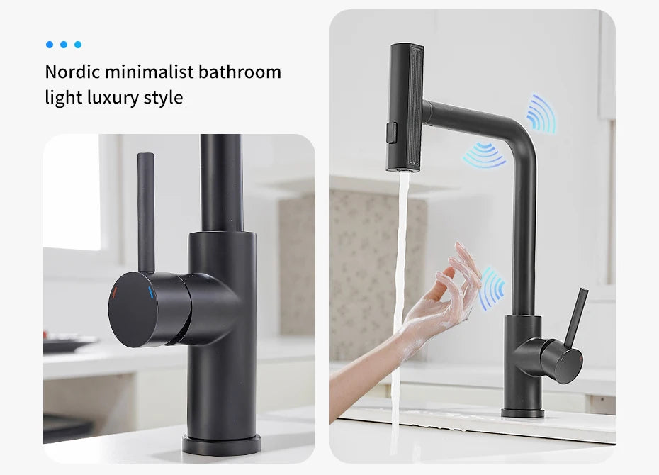 Touch Sense Kitchen Faucet 3 Mode Black Waterfall Crane Brushed Nickel Sensor Pull Out Hot Cold Mixer Gray Sink Water Tap 1668