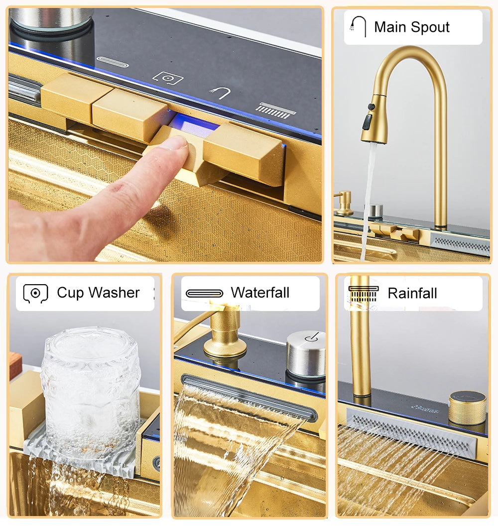 Gold Multifunctional Kitchen Waterfall Sink Digital Display Large Single Sink Dish Basin Sink 304 Stainless Steel