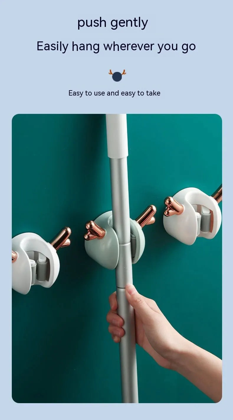 Mop Clip Wall-mounted Hole-free With Hooks Light Luxury Deer Household Multifunctional Mop Organiser