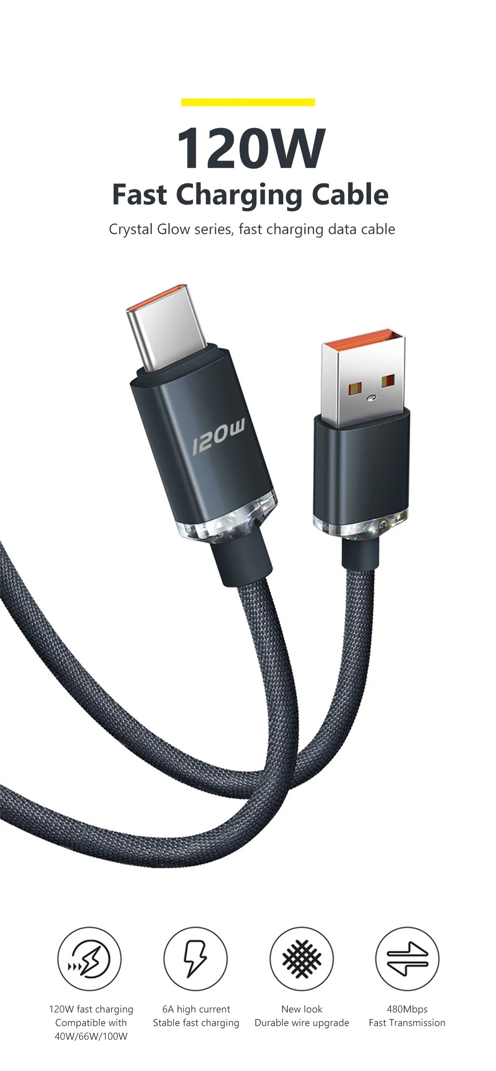 USB PD Cable Type C 120W Fast Charging Adapter Quick Charge 3.0 Data Cable For iPhone Samsung Xiaomi Huawei Mobile Phone Cable