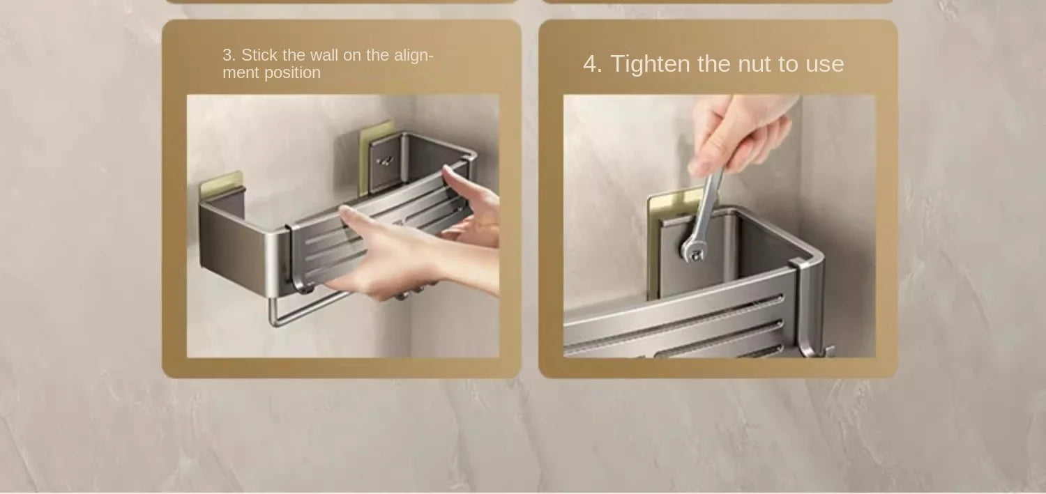 Aluminum Bathroom Shelves Wall Towel Rack Mounted Shower Caddy With No Drilling Design For Toiletries And Bathroom Accessories
