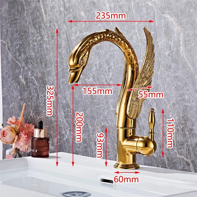 Tuqiu Antique Swan Bathroom Faucet Gold Brass Basin Faucet Mixer Tap Chrome Wash basin Faucet  Hot and Cold Waterfall Faucet